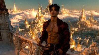 A man leans on a high stone railing as warm golden sunlight shines across the cloud city