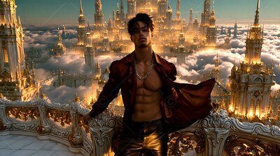 Leaning against a railing, a bare-chested man in an open red shirt overlooks a city