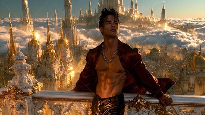 A man wearing an open red shirt leans on a rail above a sunlit gold city in the clouds
