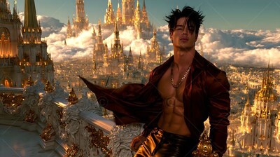 Above a sunlit city of spires, a man poses in an open maroon silk shirt