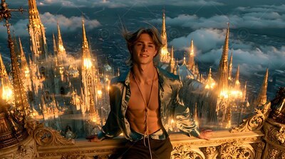 Leaning on a stone balcony, a young man wears an open silk shirt high above cathedral spires