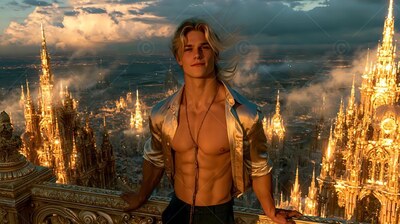 A blond man with an unbuttoned silk shirt on a balcony above golden spires