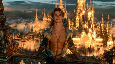 In an unbuttoned silky shirt, a blond man leans on a balcony above a sunset city
