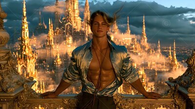 A man leans on a stone railing in an open shirt of silk against golden evening light
