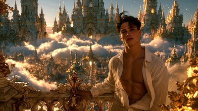 Leaning on a stone railing, a man wearing an open shirt rests overlooking a city in clouds