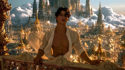 A young man wearing an unbuttoned bright white shirt leans on a gold rail over a sunlit city