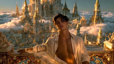 Above a cloud-filled city, a man in an open bright white shirt leans on a gold rail