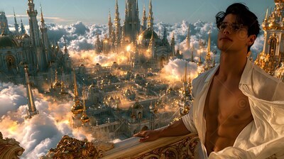 Leaning on a balcony, an open-shirted man gazes over a sunlit city above clouds
