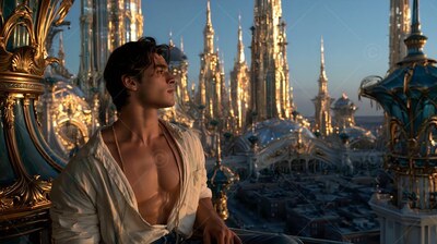 A young man wearing an open white shirt sits above a golden city