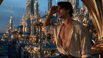 An unbuttoned cream shirt drapes on a man gazing over a golden city of spires