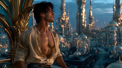 A man in an unbuttoned cream shirt gazes over the city in the warm sunset light