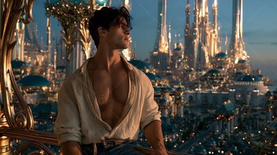 A seated man in an unfastened cream shirt looks across a sunset city of towers
