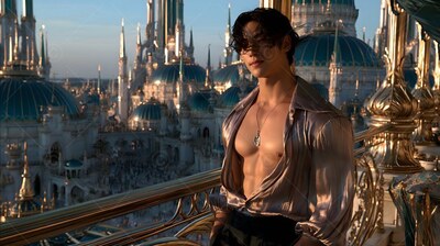 A young man in an open smooth silk shirt leans on a gold balcony above a domed city