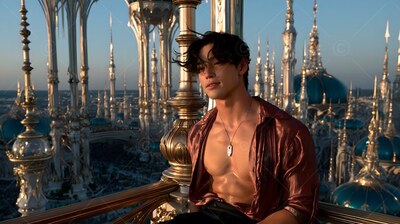 On a high balcony, a man rests in an unbuttoned satin shirt above city domes