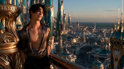 Leaning on a golden balcony, a young man in an open silky shirt smiles at sunset