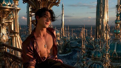 Man in an unfastened smooth silk shirt leans on a balcony above a city at sunset