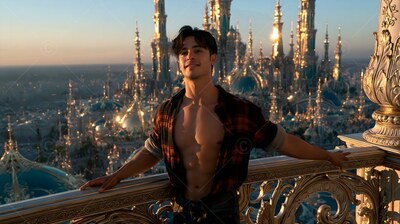 An open plaid shirt shows a happy man leaning on a rail above a sunlit city