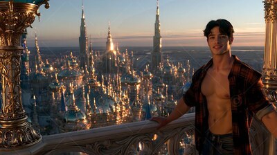 A happy man leans on a stone railing in an open plaid shirt as warm sunset light catches city spires