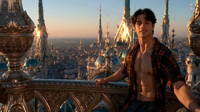 Le aning back on a stone balcony, an open-shirted man smiles above spires at dusk