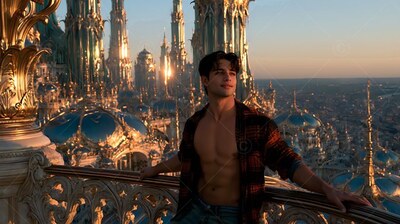 A man in an unbuttoned flannel shirt leans on a stone railing above a golden city