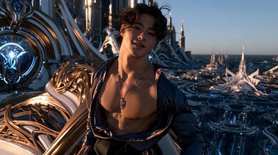 Leaning back in an open dark shirt, a young man smiles above a fantasy city at dusk