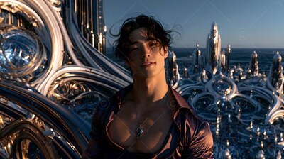 A man in an unbuttoned satin shirt above a silver city