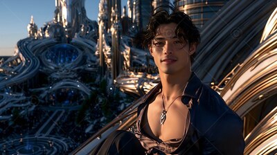 Open silk shirt and pendant on a smiling young man above a futuristic city at sunset