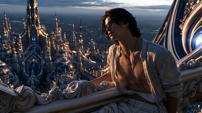 A young man leans on a carved balcony above a city lit by warm sunset light