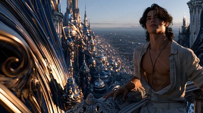 Leaning back on a carved stone balcony, a young man looks up over the city