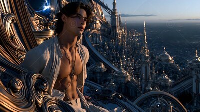 A man in an open clean white shirt sits above a city of spires in twilight