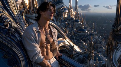On a high balcony, a dark-haired man wearing an open shirt leans looking out over a city at sunset