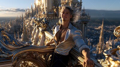 Smiling on a balcony, a man wears an unbuttoned silky shirt set above a city of spires