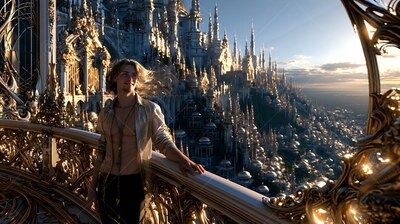 Young man with an unbuttoned shirt leans on a balcony over a spired city