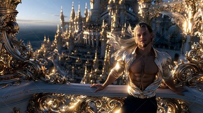 Wearing an open gold shirt of silk, a blond man poses on a balcony high above a city of spires