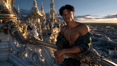 Leaning on a stone railing, a bare-chested young man overlooks a sunlit city