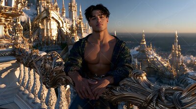 A shirtless young man leans on a carved balcony high above a city of golden spires at dusk