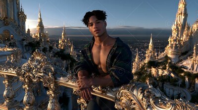 On a high stone balcony at sunset, a young man leans forward in an open plaid shirt