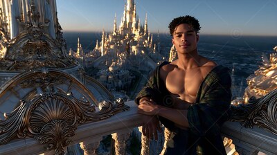 Leaning on a stone balcony, a young man wears an open plaid shirt at sunset