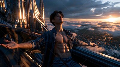 A man sits on a high railing in an open denim shirt at sunset