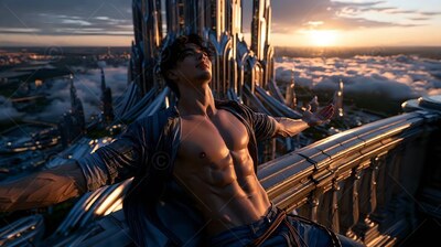 Unbuttoned blue shirt open on a man leaning back above tall spires at sunset