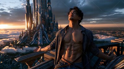 A man leans back with open arms on a balcony as sunset glints off distant spires