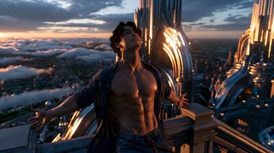 Arms spread wide, a shirtless man in an unfastened shirt waits high above city spires
