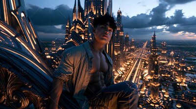 A man wearing an unbuttoned shirt sits on a high ledge above a sparkling city at dusk
