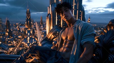 Above a lit futuristic city, a young man leans back in an open blue shirt