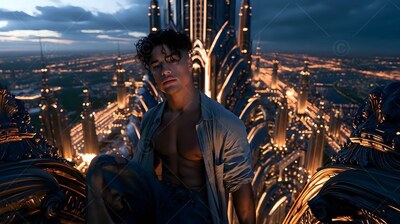 Sitting atop a tower, a young man wears an open gray shirt over lit city spires