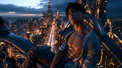 A man in an unbuttoned shirt sits on a high ledge over a lit city at dusk