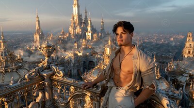 Wearing an open tan shirt, a muscular man is standing on a high stone balcony above a city of spires at sunset