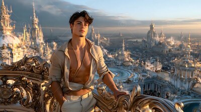A man stands on a balcony in an open beige shirt under soft sunset light