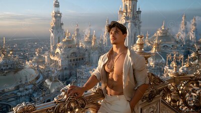 Leaning on a stone balcony, a shirtless man looks out over golden spires