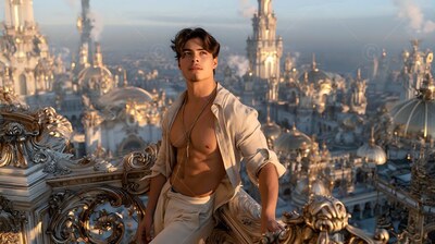 A bare-chested man in an unbuttoned cream shirt leans over a balcony high above a city at sunset
